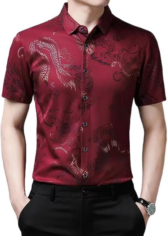 Mens Pattern Short Sleeve Shirts Button Down Slim Fit T-Shirts