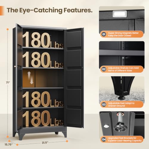 Image of Yizosh Metal Storage Cabinet with 2 Doors and 4 Adjustable Shelves - 71 inch Black Kitchen Pantry Storage Cabinet,4-Tier Tall Steel Cabinet Locker for Living Room,Dining Room,Kitchen