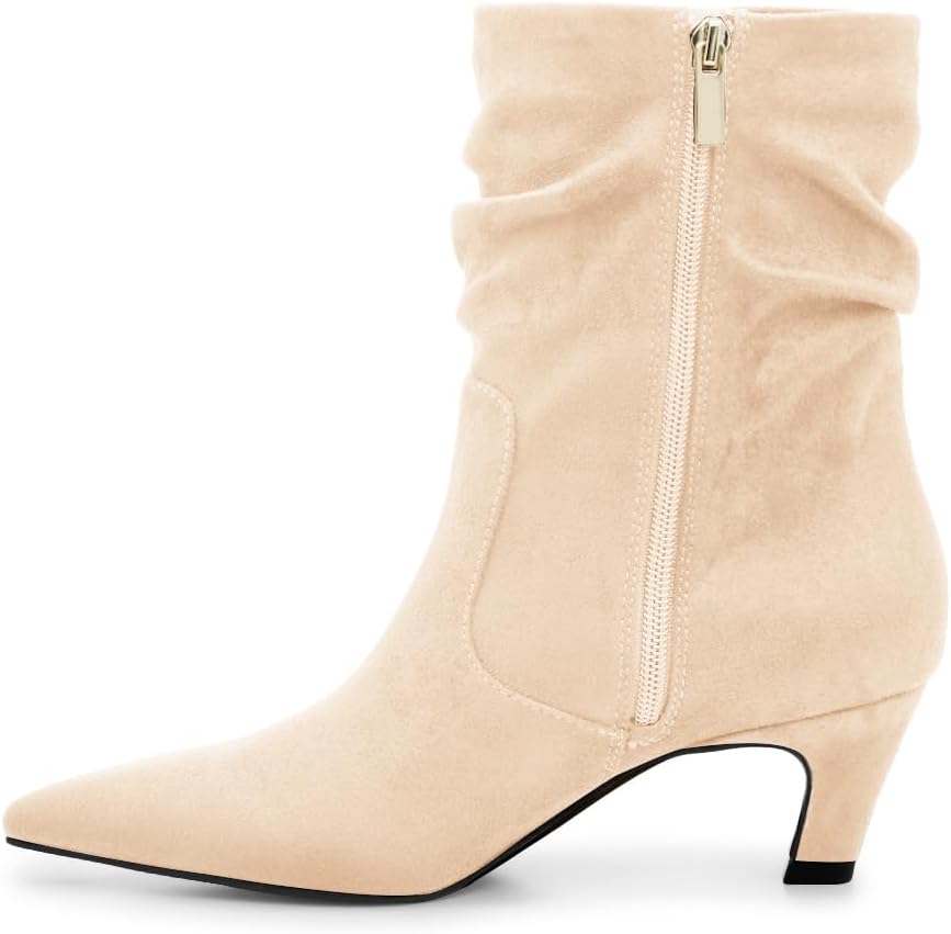 Coutgo Women's Slouchy Ankle Boots Low Kitten Heel Pointed Toe Booties Side Zipper Fall Shoes - Image 6