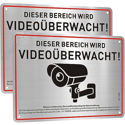 2 Stück Dieser Bereich Wird Videoüberwacht Schild Aluminium Gebürstet 20x15cm