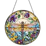 Stained Glass Dragonfly Window Hanging, Sun Catchers Indoor Window Decor, Vibrant Floral Decorative Art Piece, Suncatchers for Home, Office, or Garden Decor
