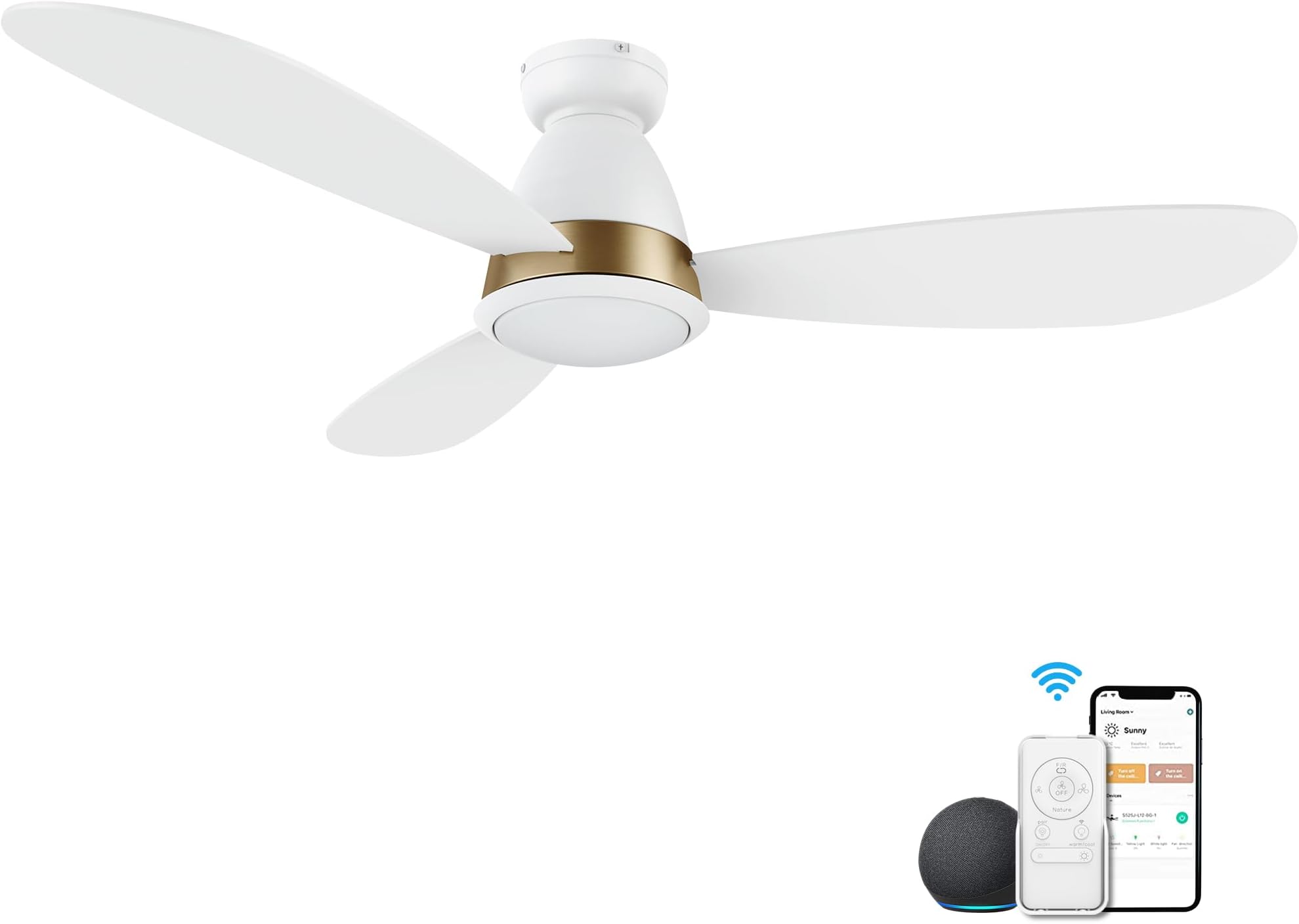 CEME52 Inch Ceiling Fan with Light Flush mount, Indoor & Outdoor Ceiling Fan with 10-Speed Quiet DC Motor, Smart Ceiling Fan Controlled by APP, Remote, Alexa, Siri & Google Home, White Gold