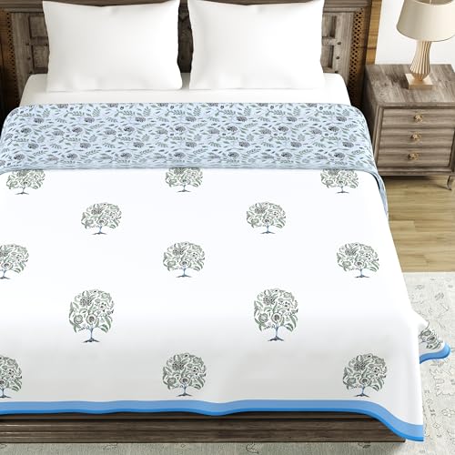 Image of BLOCKS OF INDIA 100% Cotton Dohar King Size Reversible Hand Block Printed Malmal Summer Dohar /Blanket (Blue Tree of Life)