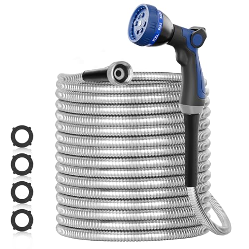 SPECILITE 50ft 304 Stainless Steel Garden Hose Metal, Heavy Duty Water Pipe with Nozzles for Yard, Outdoor - Flexible, Never Kink & Tangle, Puncture Resistant (Sliver)