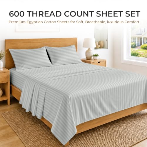 Image of SGI bedding RV Short Queen Sheet Set 60x75, 600 TC Egyptian Cotton, 4 Piece Luxury Hotel Collection, Ultra Soft & Breathable, Fits RV Mattress Camper & Trailer, 15 Inch Pocket, Light Grey Stripe