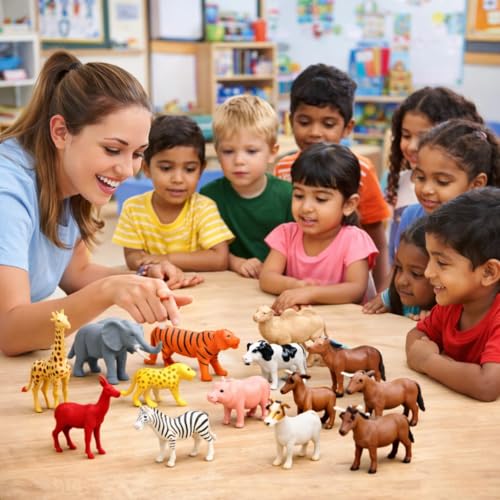 Image of 12 Pcs Small Size Unbreakable Wild Animals Toy Set for Kids | Jungle Safari + Domestic Farm Animal Figures | Educational Learning Playset for Boys & Girls Age 3+ | Animal Figurines for Kids Gift