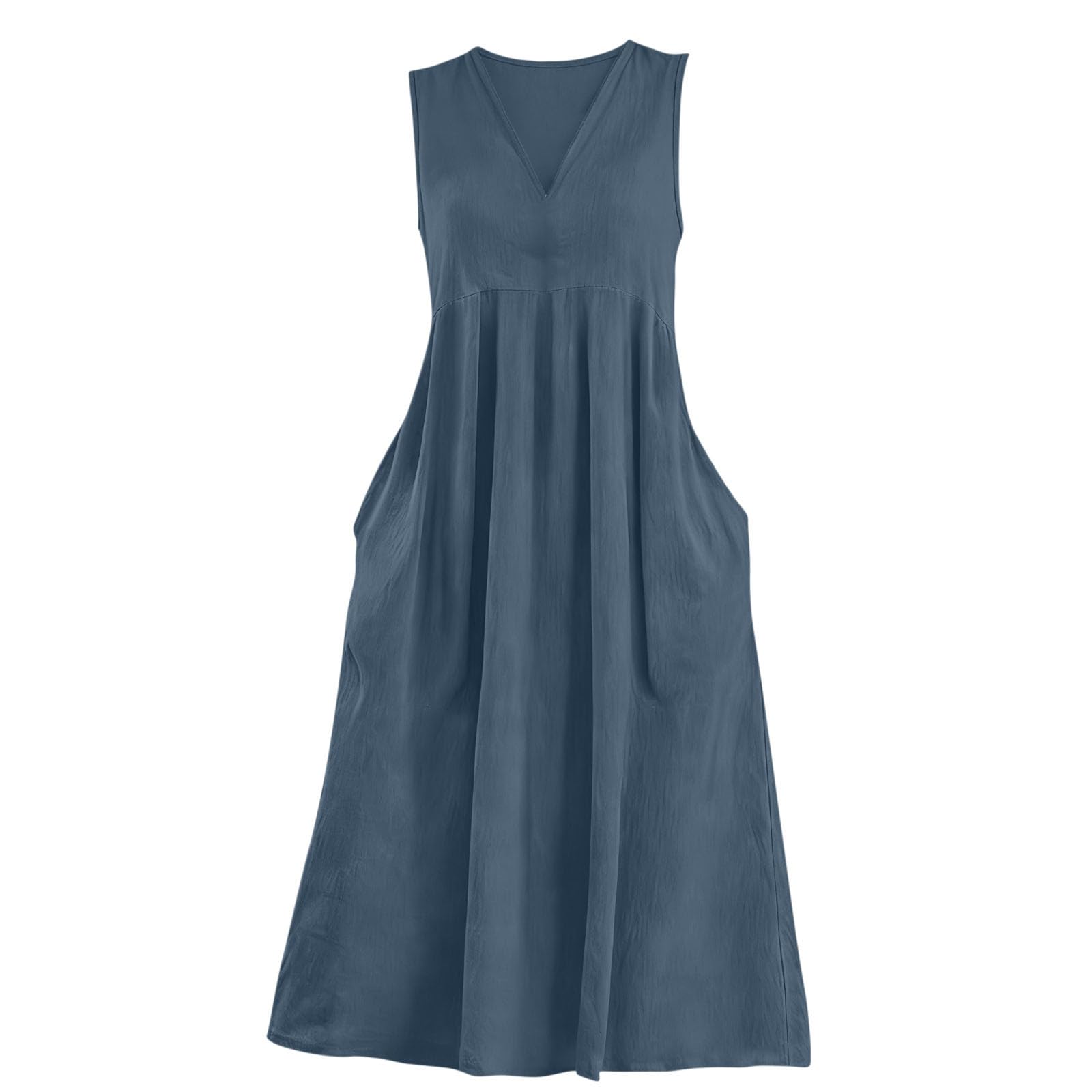 Vestidos Verano Mujer 2026,Cuello V Algodón y Lino Vestido Mujer Verano Casual Sueltos Color Sólido Vestidos Largo Cintura Alta con Bolsillos Cómodo y Transpirable Maxi Vestidos Playeros