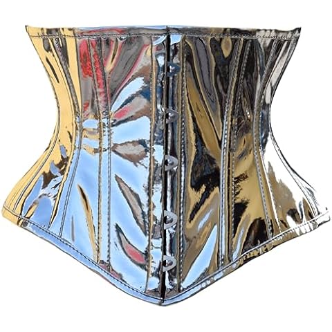 Steel Boned Shiny Holographic & Metallic PVC Corsets Overbust & Underbust Glamorous Heavy Duty Waist Training Corsets (US, Alpha, Medium, Regular, Regular, Silver Underbust) Cover