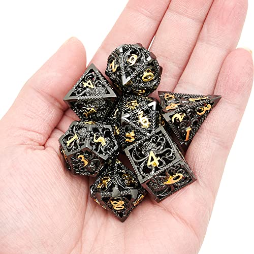 Hollow Metal Dnd Game Dice Cthulhu Shape Carved Black And Gold 7Pcs Set For Dungeons And Dragons Rpg Mtg Table Games D&D Pathfinder Shadowrun And Math Teaching (With Metal Case) #TOP2