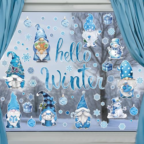 131PCS Hello Winter Gnomes Window Stickers Blue Gnomes Windows Decals Clings Double Printed PVC Stickers Decoration Christmas Gnomes Snowflake Snowman Windows Clings for Winter Holiday Xmas Supplies