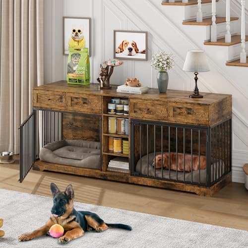 IDEALHOUSE 82” Large Dog Crate for 2 Dogs, Dog Kennel Indoor with 4 Drawers and Shelves, Double Dog Crate Furniture TV Stand, Wooden Dog Cage for Medium Large Dogs, Brown
