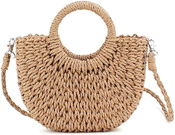 QTKJ Mini Semi-circle Rattan Straw Bag, Hand-woven Women Summer Retro Beach Tote Shoulder Bag Crossbody Travel Beach Bag