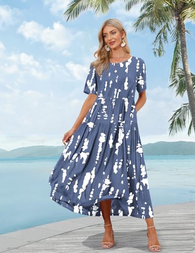 Image of YESNO Women Casual Loose Bohemian Floral Dress with Pockets Short Sleeve Long Maxi Summer Beach Swing Dress EJF
