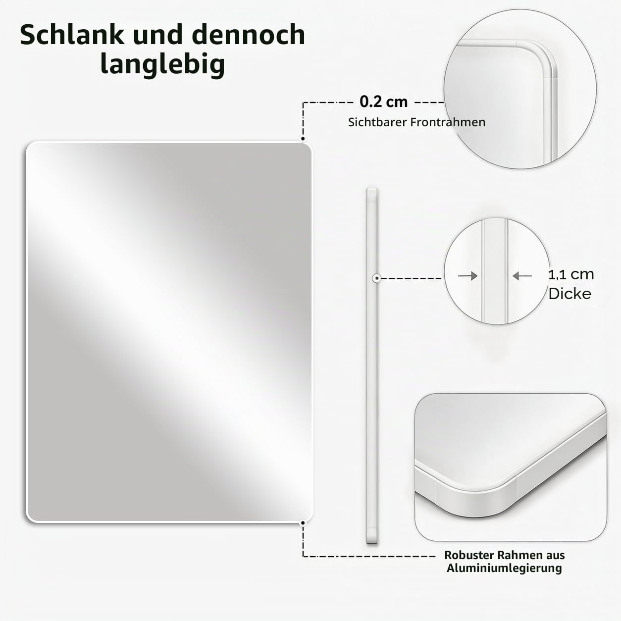 Weißer Rahmenspiegel 40 x 60 cm, großer Badezimmer-Wandspiegel, rechteckiger Badezimmer-Wandspiegel, hängend horizontal/vertikal