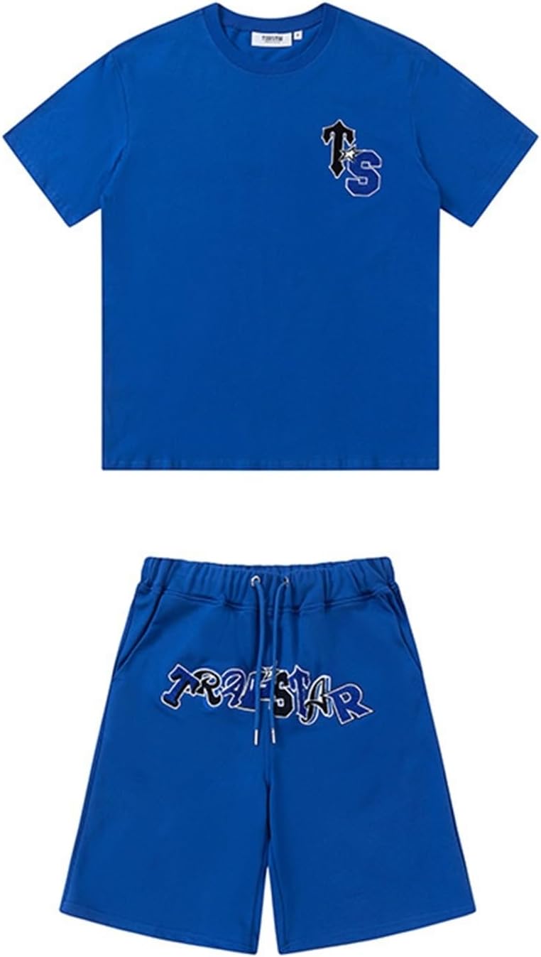 Men's Trapstar Tracksuit, T-Shirt Embroidery, Casual Sweatsuit Shorts, Lightweight Short Trapstar Suit, Sports Summer Trapstar(Blue,Medium)