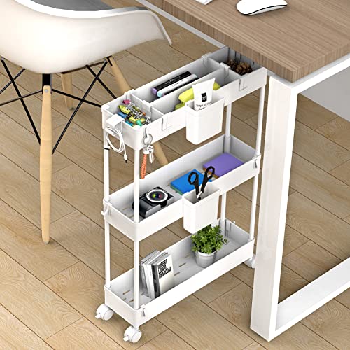 SPACEKEEPER Storage Trolley 3-Tier Rolling Utility Cart Storage Organization Slide Out Shelving Unit for Tight-Space Solution with Extra Accessories of Two Small Containers & Hooks White - Image 6