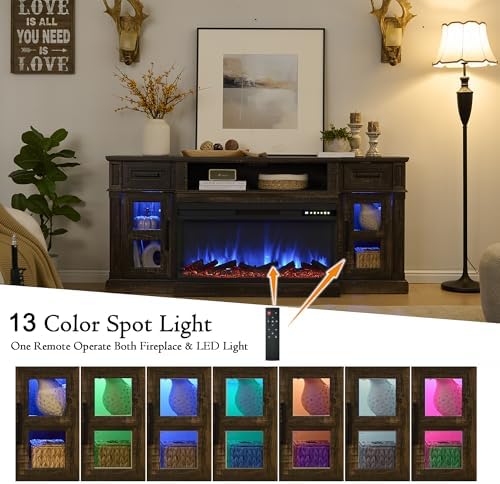 3-Side Fireplace TV Stand for up to 80 Inch TV, LED Entertainment Center with 36 Inch Electric Fireplace, Farmhouse TV Console Table w/Drawers & Cabinets for Living Room, Dark Rustic Oak - Thumbnail 5