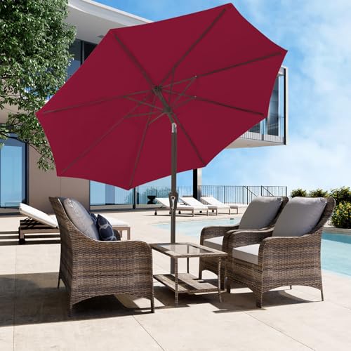 Image of JEAREY 9FT Outdoor Patio Umbrella Outdoor Table Umbrella with Push Button Tilt and Crank, Market Umbrella 8 Sturdy Ribs UV Protection Waterproof for Garden, Deck, Backyard, Pool (Brick Red)