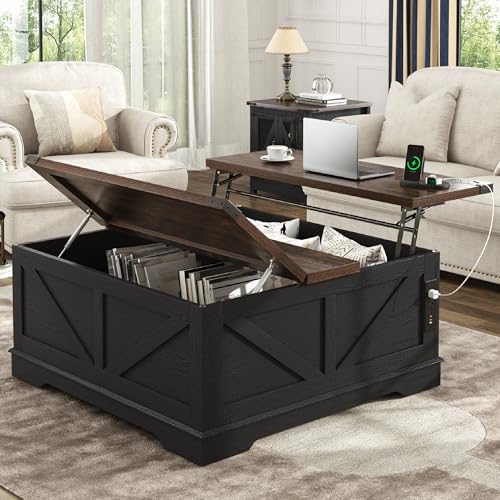Hlivelood 40” Large Farmhouse Lift Top Coffee Table with Power Outlets and Large Hidden Storage, Square Wood Living Room Tables, Multi-Function Lift Wooden Barn Door Center Table, Black