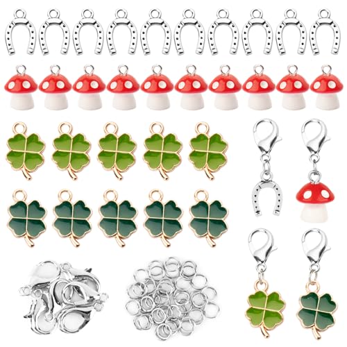 BOFUNX 30 Stücke Glücksbringer Charms Anhänger Mini Kleeblätter Pilz Hufeisen Glücksbringer Deko Basteln DIY Schmuck Halsketten Handwerk Silvester Geburtstag Abschied Dankeschön Klein Geschenke