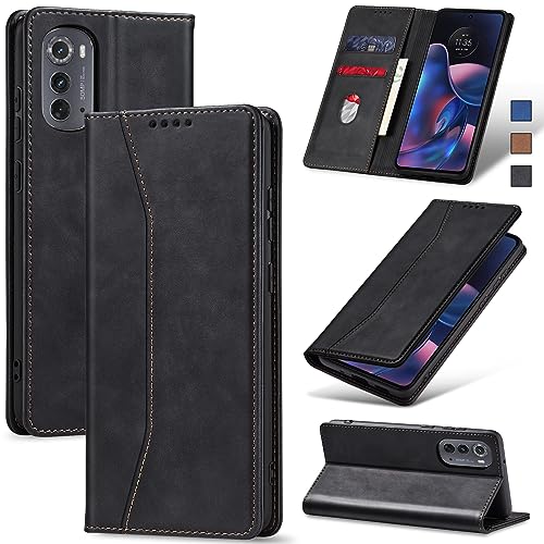 Image of Jasonyu Flip Wallet Case for Motorola Edge (2022) Moto,Leather Magnetic Folio Cover with Card Holder,Kickstand - TPU Shockproof Durable Protective Phone Case,Black
