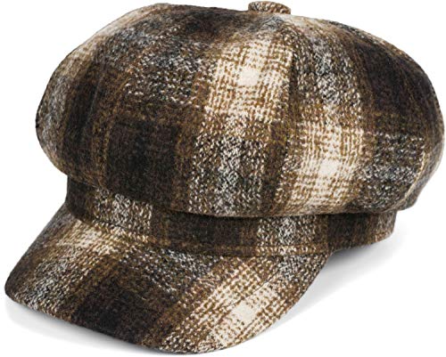 styleBREAKER Dámská čepice s balonkem v károvaném vzhledu, čepice s kšiltem kostkovaná vintage styl, Bakerboy šoupátková čepice, Newsboy Cap 04023077, Hnědá – béžová