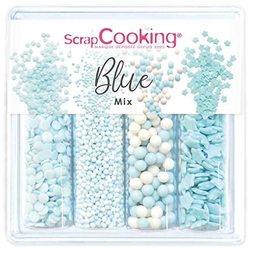 ScrapCooking - Décors Sucrés « Blue Mix » 64g - Assortiment 4 Variétés : Confettis, Mini Billes, Perles, Étoiles - Décorations Pâtisserie, Desserts, Gâteaux,...