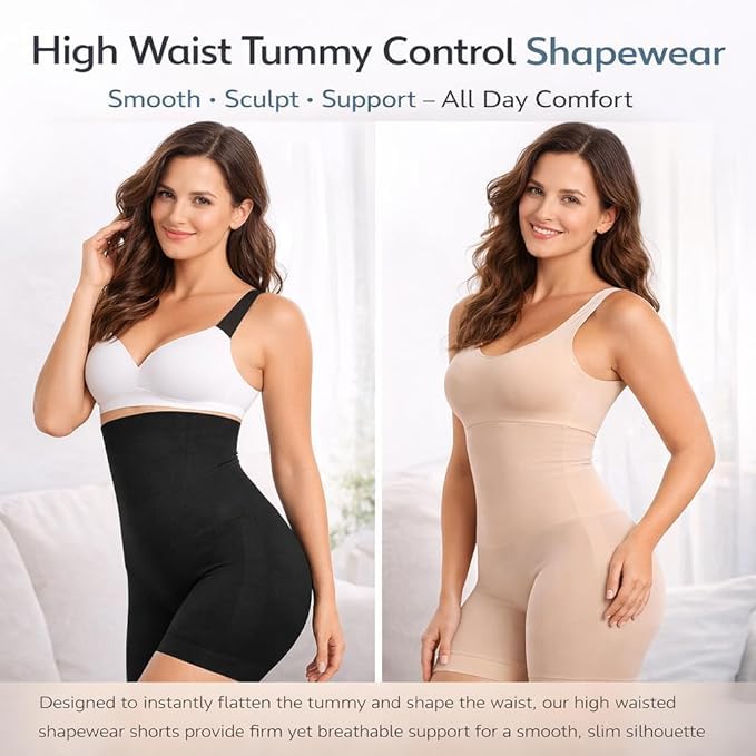 Image of BABO & BABY High Waisted Tummy Control Shapewear Shorts for Women | Seamless Slimming Body Shaper | Invisible Under Dress | Mid-Thigh Thigh Chafing Control | Comfortable (Skin)