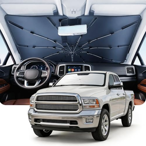 DMJN Umbrella Windshield Sun Shade for Dodge Ram 1500 2500 3500 (2011-2026) Car Sunshade for Front Windshield [Nano Ice-Crystal Coatings] UPF50+ Heat & UV Block Protect Interior & Keep Cooler