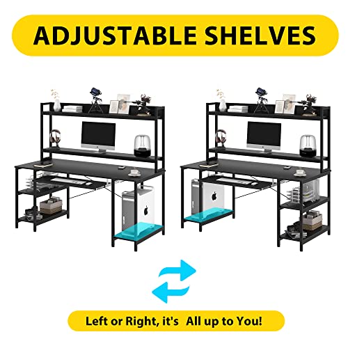 Computer Desk With With Hutch, 55 Inch Desk With Keyboard Tray Bookshelf, Large Dual Monitor Gaming Desk Metal Home Office Desk With Storage Shelves Study Writing Workstation, Easy To Assemble, Black #TOP5