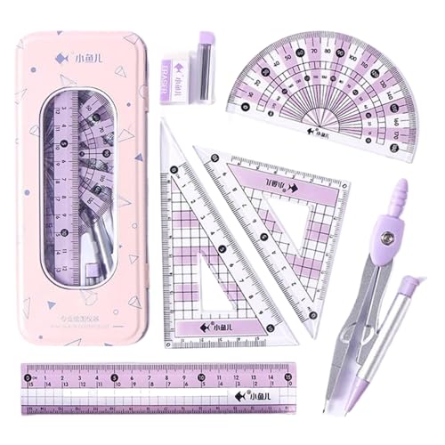 Geometry Set(7Pcs) Clear Scale Ruler Set Comprehensive Math Includes Rulers, Rubber, Compass & Refill Student Supplies for Learning, Drawing Ruler