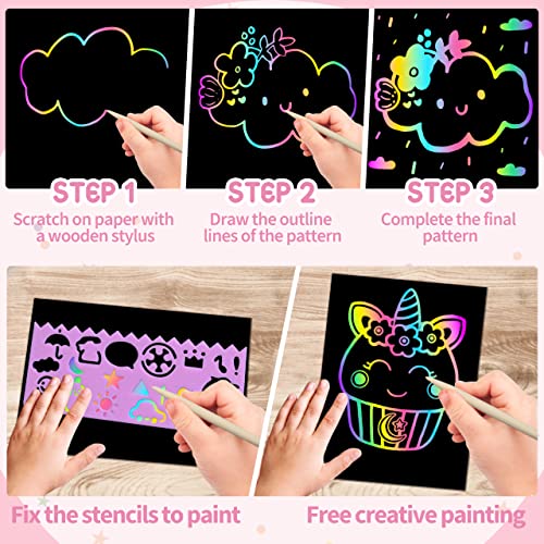 Feredo Kids Scratch Paper Gifts For Kids Set: Rainbow Scratch Art For Kids Art Craft Kit For Girl Boy 3-12 Year Old Toy Kids Drawing Supplies Set For Birthday Christmas Party Gift Games Activity 70Pcs #TOP4