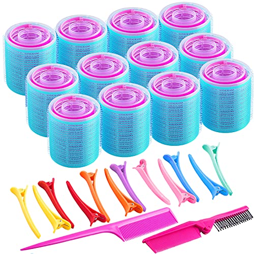 SIQUK 50 Pcs Self Grip Hair Rollers and Clips Set Including 36 Pcs Hair Rollers 12 Pcs Colorful Plastic Alligator Clips a Foldable Pocket Comb and a Tail Comb for Women and Girls(3 Colors, 3 Sizes)
