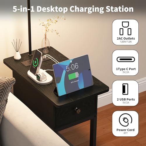 Image of runjuly Floor Lamp with Table, Side Table with LED Light and Charging Station, Narrow End Table with Lamp Attached, Nightstand with Storage Drawer for Living Room, Bedroom, Black