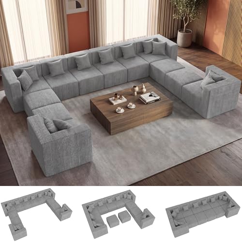 Image of MONVANE Modular Sectional Sofa, Oversized 12 Seat Convertible U Shaped Couch with Ottoman, Comfy Chenille Cloud Couch with Pillow, Sectional Couches for Living Room, No Assembly Required, Light Grey