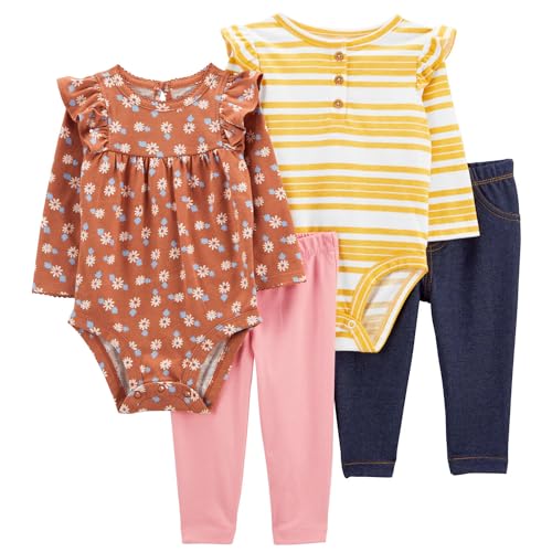 Carter's Girls' 4-Piece Bodysuit Pant Set (Brown Floral/Yellow Stripe, 9-12M)
