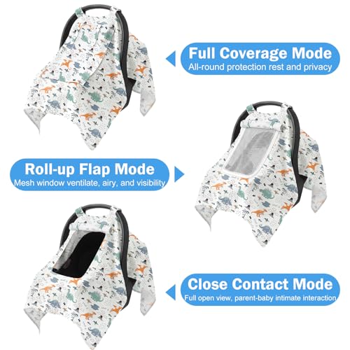 Image of Baby Car Seat Cover with Mesh Window, 100% Cotton Carseat Covers Baby Boy Breathable Infant Car Seat Cover Spring Summer Baby Carseat Cover Lightweight Infant Car Seat Canopy - Dinosaur