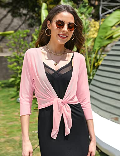 Image of Aiboria Womens 3 /4 Sleeve Shrug Sheer Mesh Bolero Tie Front Cropped Cardigan S-XXL