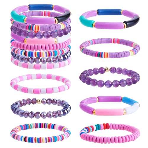 8Pcs Heishi Surfer Bracelet Set - Stackable Preppy Bracelet Acrylic Bamboo Tube Bracelet Synthetic Imperial Jasper & Glass Bead Stretch Bracelets Aesthetic Boho Jewelry