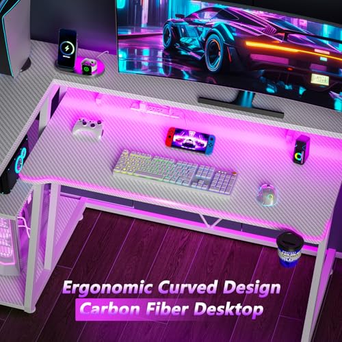 Image of Korfile 47 Inch White Gaming Desk with Power Outlet & LED Lights, Corner Computer Desk with 3 Tiers Storage Shelves, L Shaped Gaming Desk with Monitor Stand for Bedroom