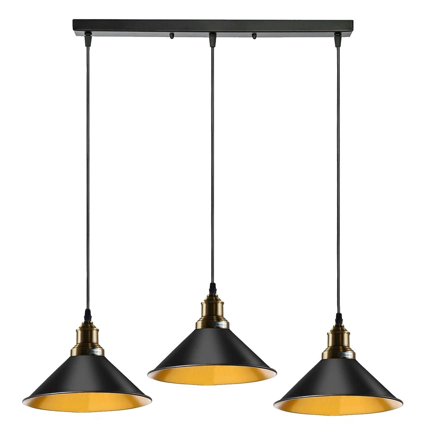 LEDSone Black Modern 3 Head Pendant Light, Vintage Ceiling Bar Light Fitting, Adjustable Hanging Rope Light, E27 Socket Industrial Chandelier Lamp for Kitchen Dining Room Bar