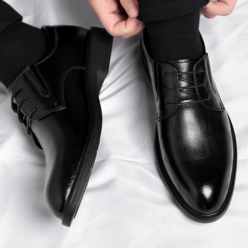 Men's Genuine Leather Oxford Shoes Waterproof Non-Slip Business Derby Shoes Men Block Mid-Heel Leather Shoes(6.5)4