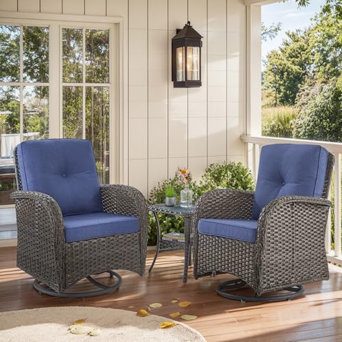 Outdoor-Swivel-Glider-Rocker-Chairs-3-Piece-Patio-Furniture-Set-Patio-Bistro-Sets-with-Tempered-Glass-Side-Table-for-Balcony-Porch-Brown-Wicker-Blue-Cushion Outdoor Swivel Glider Rocker Chairs 3 Piece Patio Furniture Set Patio Bistro Sets with Tempered Glass Side Table for Balcony Porch Brown Wicker Blue Cushion