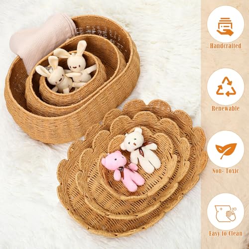 Image of Cinnvoice Set of 3 Scalloped Baskets with Lids 10 /13 /14 Inch Hand Woven Storage Wicker Baskets for Baby Shower Gifts Baby Diaper Caddy Organizer for Nursery Room(Paper Rope)