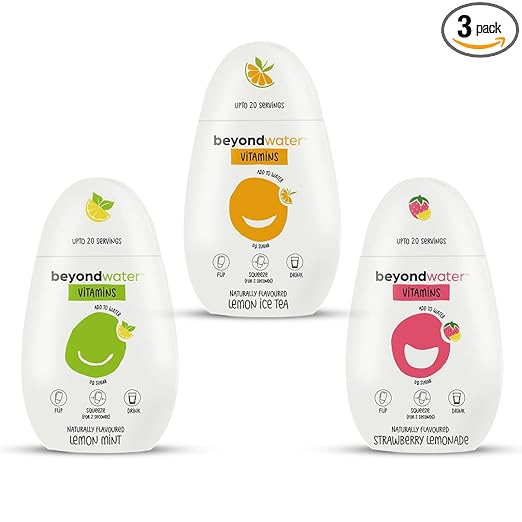 Beyond Water Vitamin Water - (Pack of 3 X 20 Servings each) - Zero Calorie Sugar-Free Drinks Mix Natural Water Enhancers (Lemon Ice Tea, Lemon Mint, Strawberry Lemonade) | Workout Drinks Enhancer
