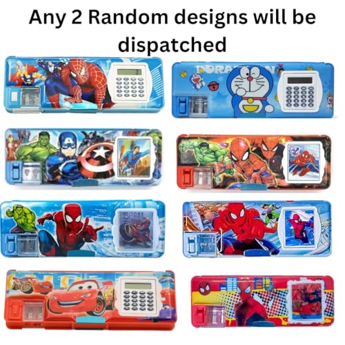Image of Superhero Calculator Pencil Box Multipurpose Magnetic Pencil Box with Calculator & Dual Sharpener for Girls & Boys Geometry Box Pencil Case Comapas Box for Kids (Pack of 2 Pcs)