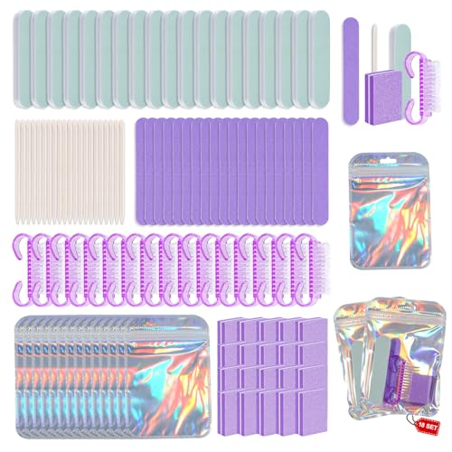 Disposable Manicure Kit Professional 18 Set Press On Nail Tool Kit with Nail File Nail Buffer Nail Buffer Block Nail Handle Brush Wood Stick Packaging Bag (Purple)