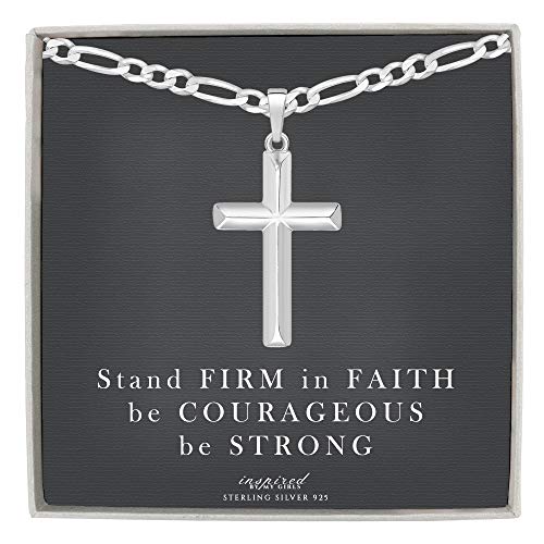Mens Sterling Silver Domed Cross Necklace and Figaro Chain with Inspirational Faith Card - Choice Of Sizes