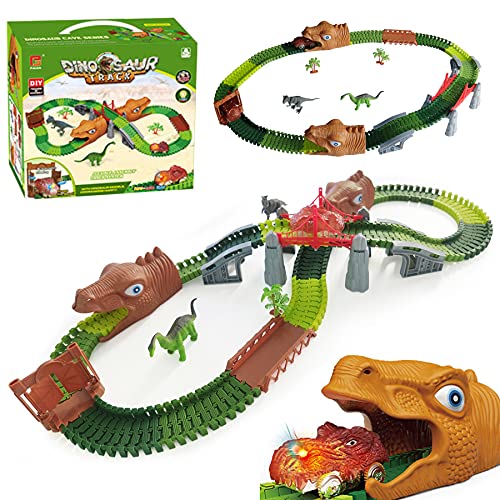 Dinosaur Toys, 186 PCS Dinosaur Race Car Track Train Toys for 3 4 5 6 Year Up Old Boys Girls Birthday Gift Flexible Track Playset Construction Toys for Kids