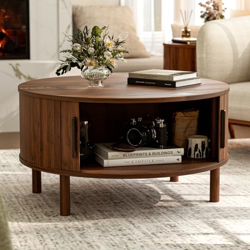 Image of ZttRiee Round Coffee Table with Sliding Doors, Mid-Century, Walnut | O30.0 inchD x 16.3 inchH, 200 lbs capacity, dual sliding-door storage, ~45 min assembly